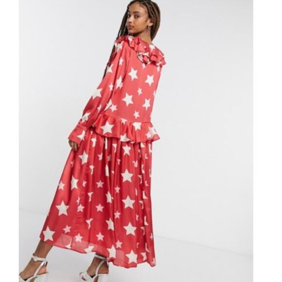 Sister Jane midi ruffle dress with full skirt in red star print size M SW - Picture 4 of 9